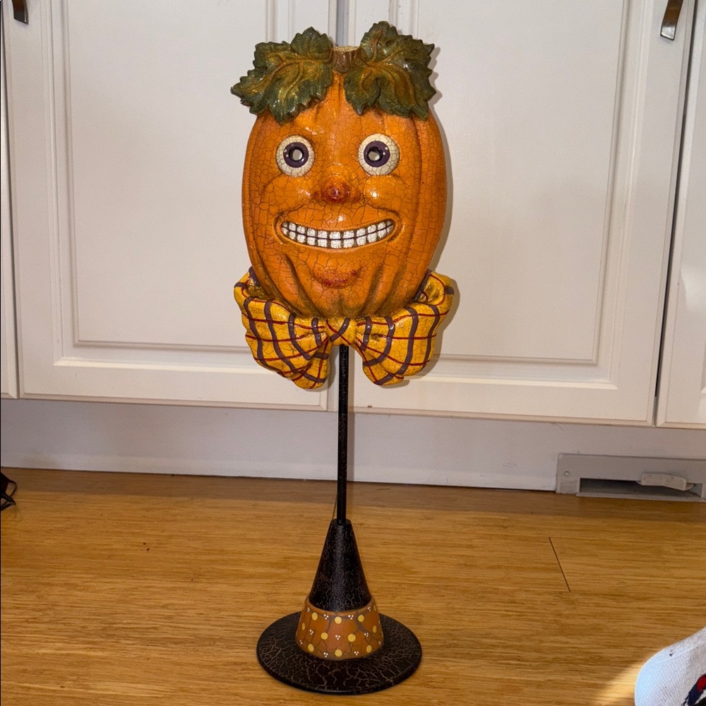 Vintage BRN Crackle Finish Pumpkin Head Mask on Pedestal Halloween Decor 21”